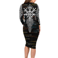 Viking Runes and Norse Mythology Symbols Long Sleeve Bodycon Dress Celtic Knotwork Tribal Illustration Style