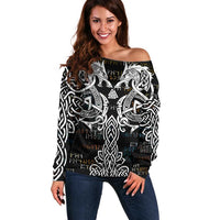 Viking Runes and Norse Mythology Symbols Off Shoulder Sweater Celtic Knotwork Tribal Illustration Style