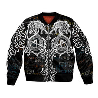 Viking Runes and Norse Mythology Symbols Sleeve Zip Bomber Jacket Celtic Knotwork Tribal Illustration Style