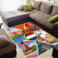 Dutch Lion Design Area Rug with Tulips Windmills Bicycles and Coat of Arms