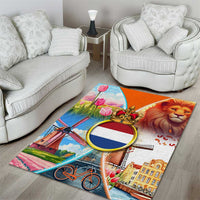 Dutch Lion Design Area Rug with Tulips Windmills Bicycles and Coat of Arms