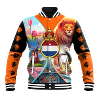 Dutch Lion Design Baseball Jacket with Tulips Windmills Bicycles and Coat of Arms