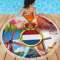 Dutch Lion Design Beach Blanket with Tulips Windmills Bicycles and Coat of Arms