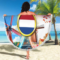 Dutch Lion Design Beach Blanket with Tulips Windmills Bicycles and Coat of Arms