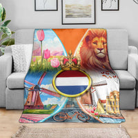 Dutch Lion Design Blanket with Tulips Windmills Bicycles and Coat of Arms