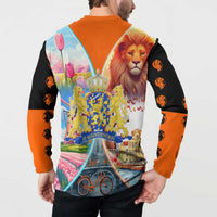Dutch Lion Design Button Sweatshirt with Tulips Windmills Bicycles and Coat of Arms