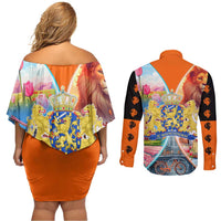 Dutch Lion Design Couples Matching Off Shoulder Short Dress and Long Sleeve Button Shirt with Tulips Windmills Bicycles and Coat of Arms
