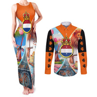 Dutch Lion Design Couples Matching Tank Maxi Dress and Long Sleeve Button Shirt with Tulips Windmills Bicycles and Coat of Arms