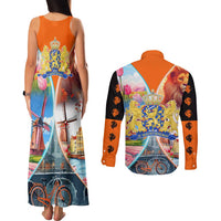 Dutch Lion Design Couples Matching Tank Maxi Dress and Long Sleeve Button Shirt with Tulips Windmills Bicycles and Coat of Arms
