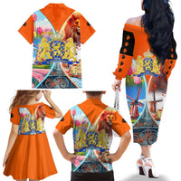 Dutch Lion Design Family Matching Off The Shoulder Long Sleeve Dress and Hawaiian Shirt with Tulips Windmills Bicycles and Coat of Arms