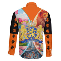 Dutch Lion Design Family Matching Off The Shoulder Long Sleeve Dress and Hawaiian Shirt with Tulips Windmills Bicycles and Coat of Arms
