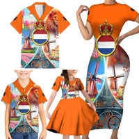 Dutch Lion Design Family Matching Short Sleeve Bodycon Dress and Hawaiian Shirt with Tulips Windmills Bicycles and Coat of Arms