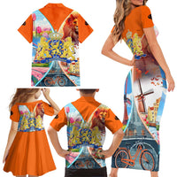 Dutch Lion Design Family Matching Short Sleeve Bodycon Dress and Hawaiian Shirt with Tulips Windmills Bicycles and Coat of Arms