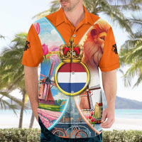 Dutch Lion Design Hawaiian Shirt with Tulips Windmills Bicycles and Coat of Arms
