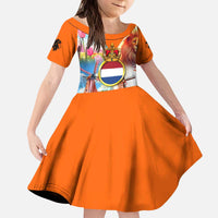 Dutch Lion Design Kid Short Sleeve Dress with Tulips Windmills Bicycles and Coat of Arms