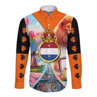 Dutch Lion Design Long Sleeve Button Shirt with Tulips Windmills Bicycles and Coat of Arms