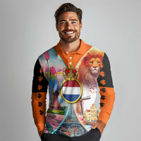 Dutch Lion Design Long Sleeve Polo Shirt with Tulips Windmills Bicycles and Coat of Arms