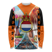 Dutch Lion Design Long Sleeve Shirt with Tulips Windmills Bicycles and Coat of Arms