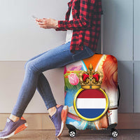 Dutch Lion Design Luggage Cover with Tulips Windmills Bicycles and Coat of Arms