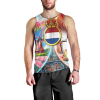 Dutch Lion Design Men Tank Top with Tulips Windmills Bicycles and Coat of Arms