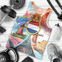 Dutch Lion Design Men Tank Top with Tulips Windmills Bicycles and Coat of Arms