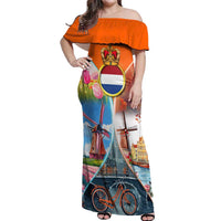 Dutch Lion Design Off Shoulder Maxi Dress with Tulips Windmills Bicycles and Coat of Arms