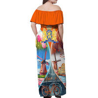 Dutch Lion Design Off Shoulder Maxi Dress with Tulips Windmills Bicycles and Coat of Arms