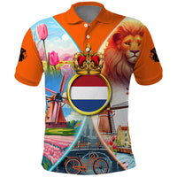 Dutch Lion Design Polo Shirt with Tulips Windmills Bicycles and Coat of Arms
