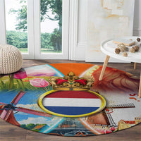Dutch Lion Design Round Carpet with Tulips Windmills Bicycles and Coat of Arms