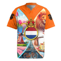 Dutch Lion Design Rugby Jersey with Tulips Windmills Bicycles and Coat of Arms