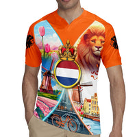 Dutch Lion Design Rugby Jersey with Tulips Windmills Bicycles and Coat of Arms