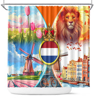Dutch Lion Design Shower Curtain with Tulips Windmills Bicycles and Coat of Arms