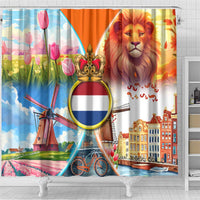 Dutch Lion Design Shower Curtain with Tulips Windmills Bicycles and Coat of Arms