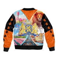 Dutch Lion Design Sleeve Zip Bomber Jacket with Tulips Windmills Bicycles and Coat of Arms