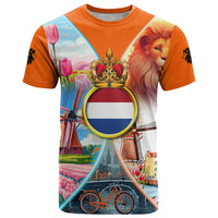 Dutch Lion Design T Shirt with Tulips Windmills Bicycles and Coat of Arms