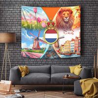 Dutch Lion Design Tapestry with Tulips Windmills Bicycles and Coat of Arms