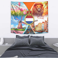 Dutch Lion Design Tapestry with Tulips Windmills Bicycles and Coat of Arms
