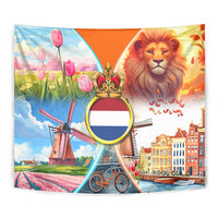 Dutch Lion Design Tapestry with Tulips Windmills Bicycles and Coat of Arms