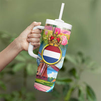 Dutch Lion Design Tumbler With Handle with Tulips Windmills Bicycles and Coat of Arms