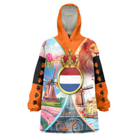 Dutch Lion Design Wearable Blanket Hoodie with Tulips Windmills Bicycles and Coat of Arms