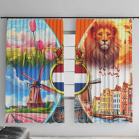 Dutch Lion Design Window Curtain with Tulips Windmills Bicycles and Coat of Arms