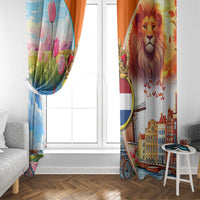 Dutch Lion Design Window Curtain with Tulips Windmills Bicycles and Coat of Arms