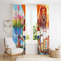 Dutch Lion Design Window Curtain with Tulips Windmills Bicycles and Coat of Arms