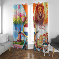 Dutch Lion Design Window Curtain with Tulips Windmills Bicycles and Coat of Arms