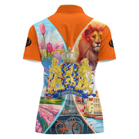 Dutch Lion Design Women Polo Shirt with Tulips Windmills Bicycles and Coat of Arms