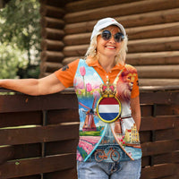 Dutch Lion Design Women Polo Shirt with Tulips Windmills Bicycles and Coat of Arms