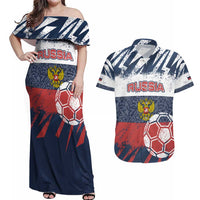 Personalized Russia Athletics Couples Matching Off Shoulder Maxi Dress and Hawaiian Shirt with Soccer Ball, National Emblem, and Grunge Flag Design