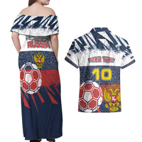 Personalized Russia Athletics Couples Matching Off Shoulder Maxi Dress and Hawaiian Shirt with Soccer Ball, National Emblem, and Grunge Flag Design