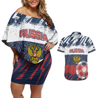 Personalized Russia Athletics Couples Matching Off Shoulder Short Dress and Hawaiian Shirt with Soccer Ball, National Emblem, and Grunge Flag Design