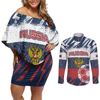 Personalized Russia Athletics Couples Matching Off Shoulder Short Dress and Long Sleeve Button Shirt with Soccer Ball, National Emblem, and Grunge Flag Design